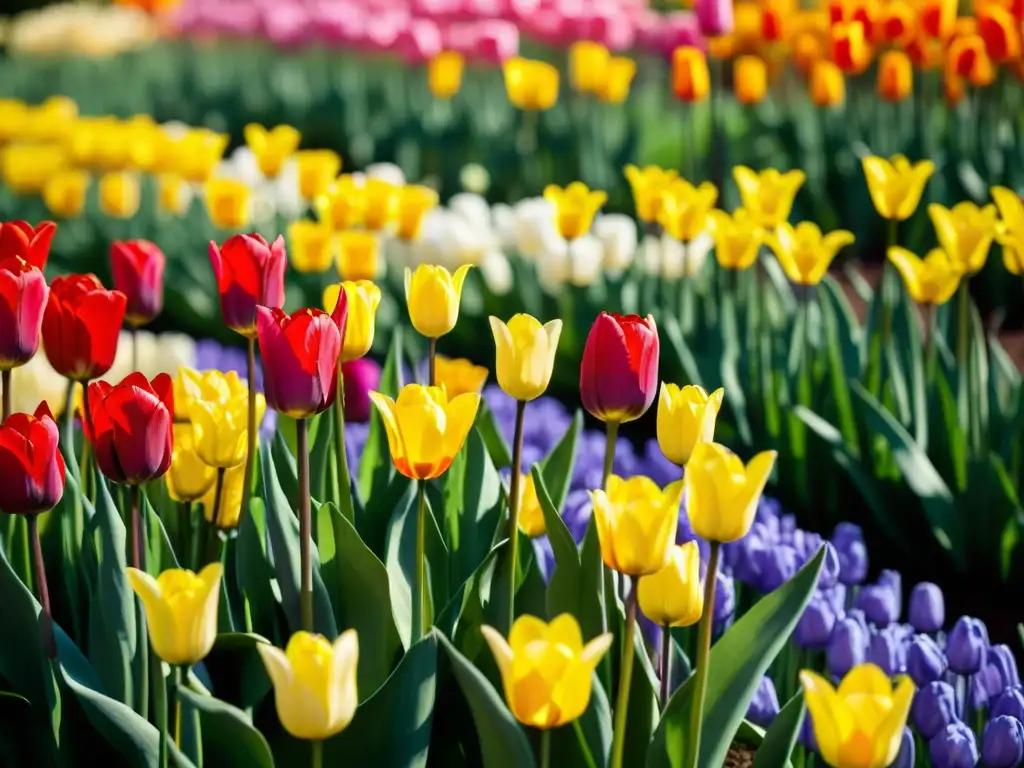 Patrones de alfombra de flores en Keukenhof: un tapiz natural vibrante y detallado de tulipanes, narcisos y otras flores, iluminado por el cálido sol