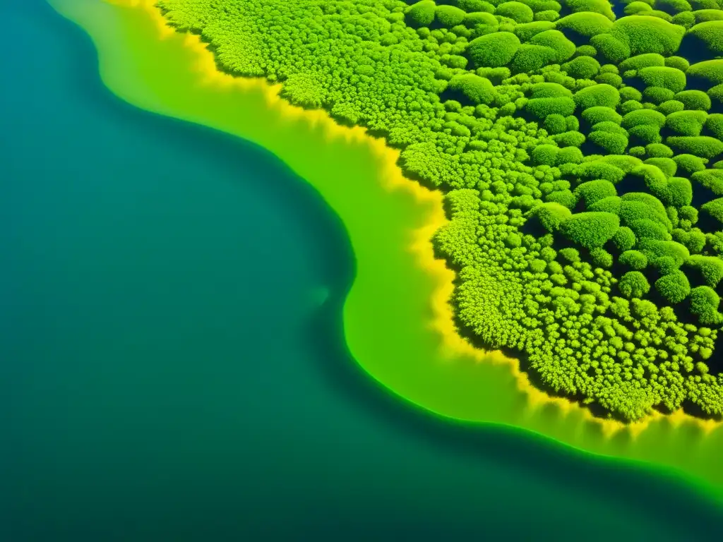 Patrones de algas verdes en agua clara, con juego de luz y sombra