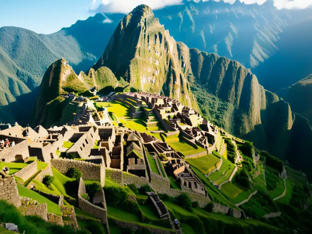 Patrones ancestrales en Machu Picchu: intrincadas estructuras de piedra y paisaje montañoso en tonos cálidos, evocando su antigua grandeza