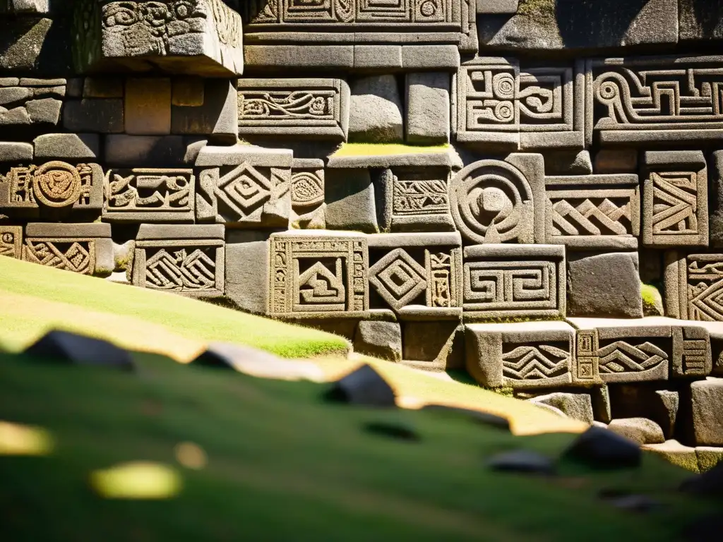 Patrones ancestrales en las paredes de Machu Picchu, bañados por la luz solar, revelando la maestría de la civilización inca