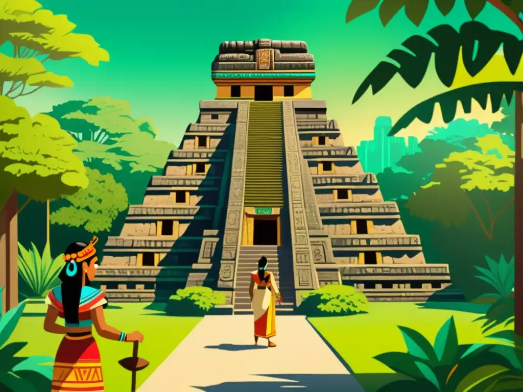 Revivir patrones ancestrales con realidad aumentada: Pintura vintage de un templo maya rodeado de exuberante selva