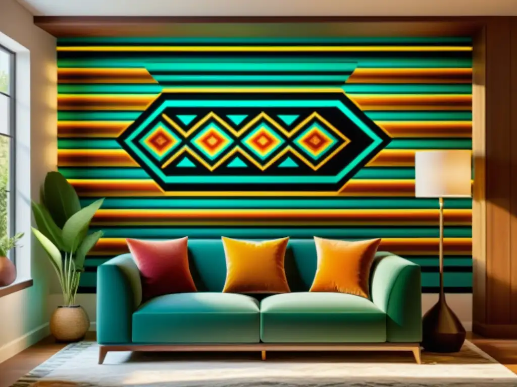 Revivir patrones ancestrales con realidad aumentada: Proyección de patrón indígena en sala moderna, resaltando contraste visual y fusión cultural