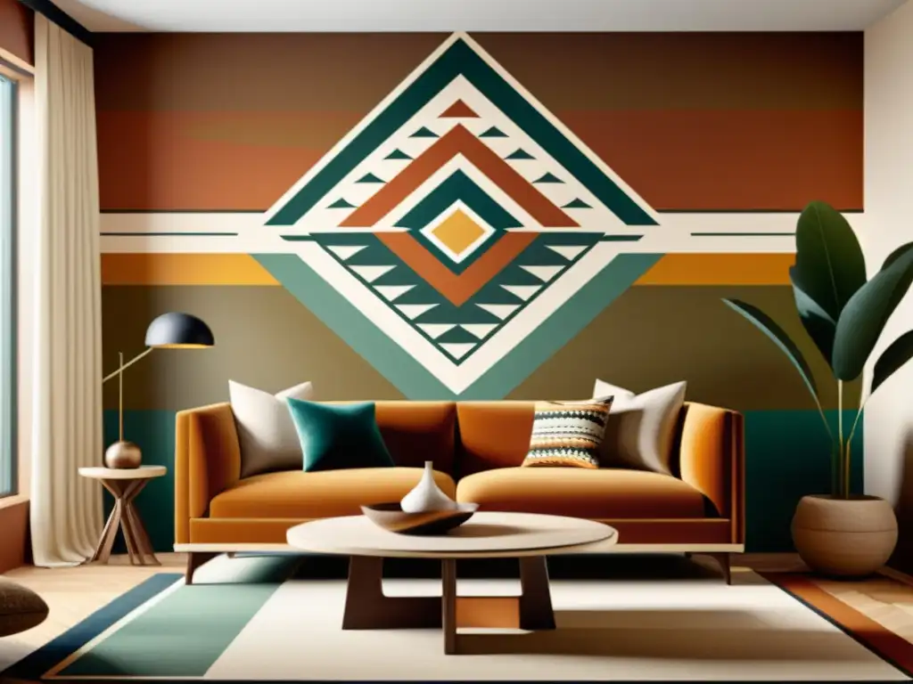 Revivir patrones ancestrales con realidad aumentada: Tradición y modernidad se fusionan en una sala con patrón indígena vintage en realidad aumentada