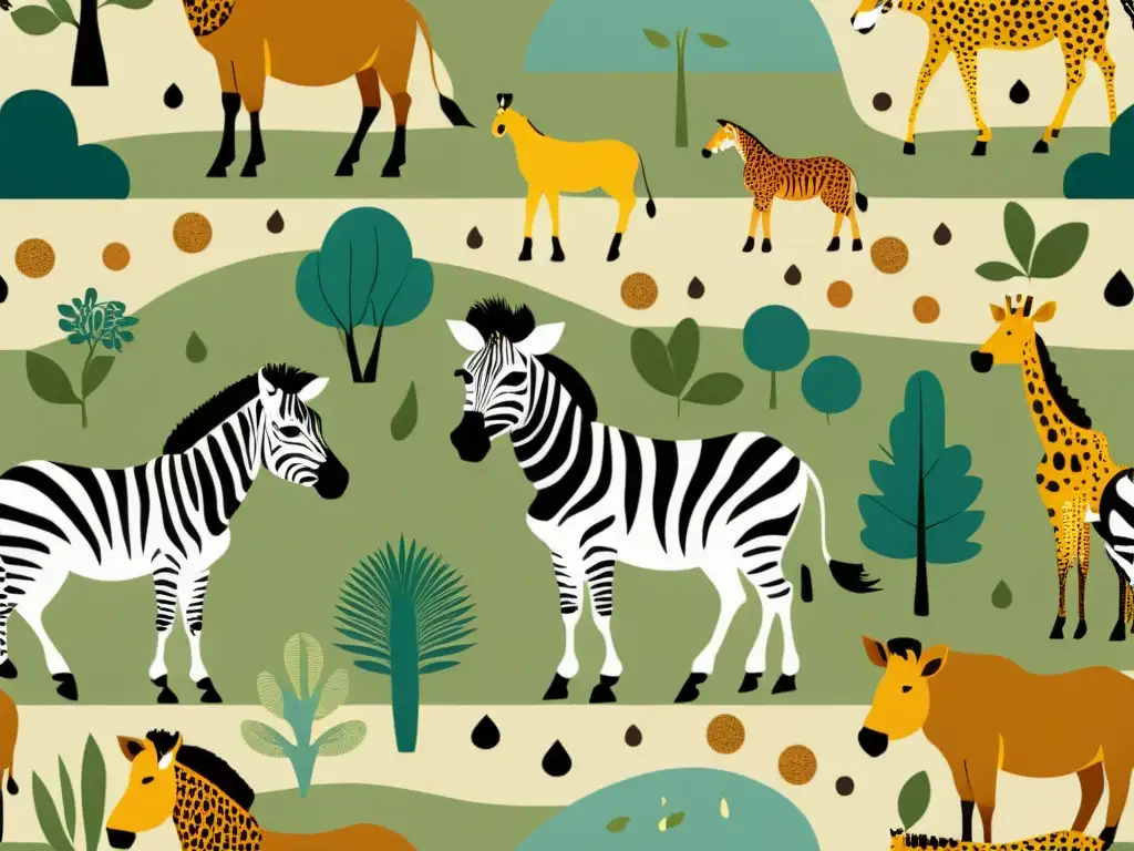 Patrones de animales reflejan entorno en ilustración vintage de zebra, leopardo y jirafa en hábitats naturales