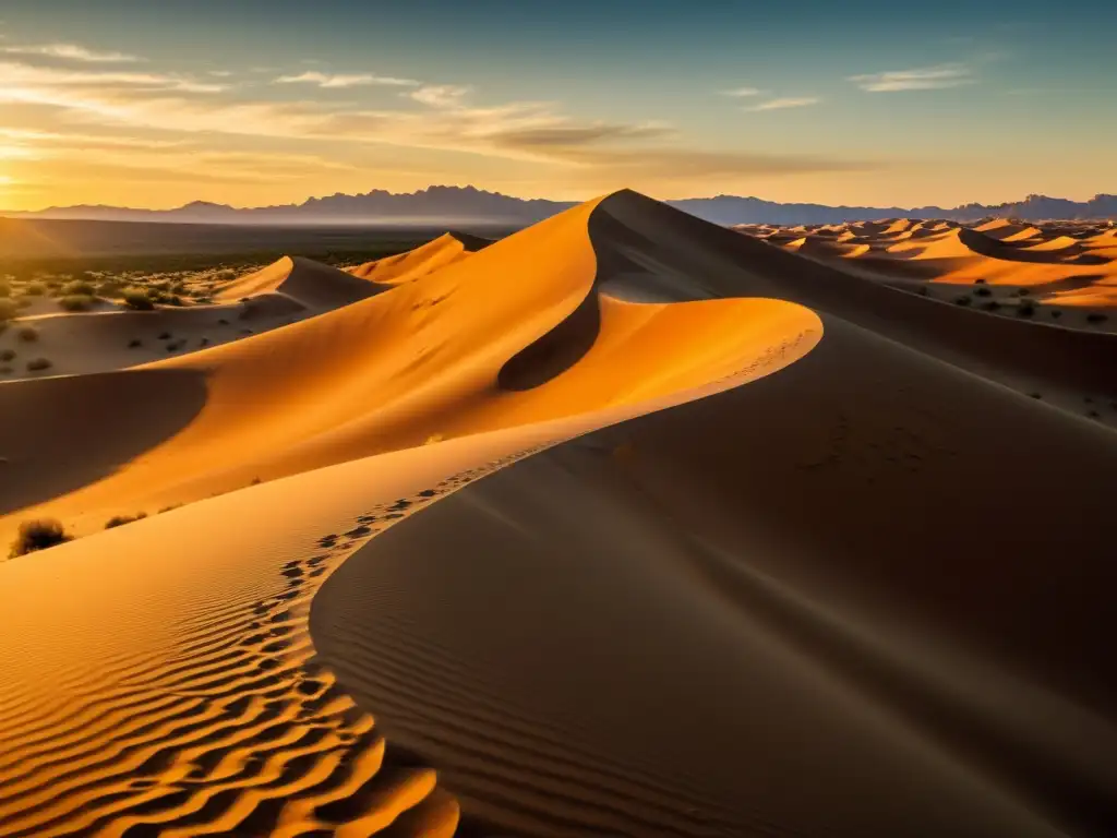 Patrones de arena creados por serpientes en un paisaje desértico al atardecer, evocando asombro y reverencia