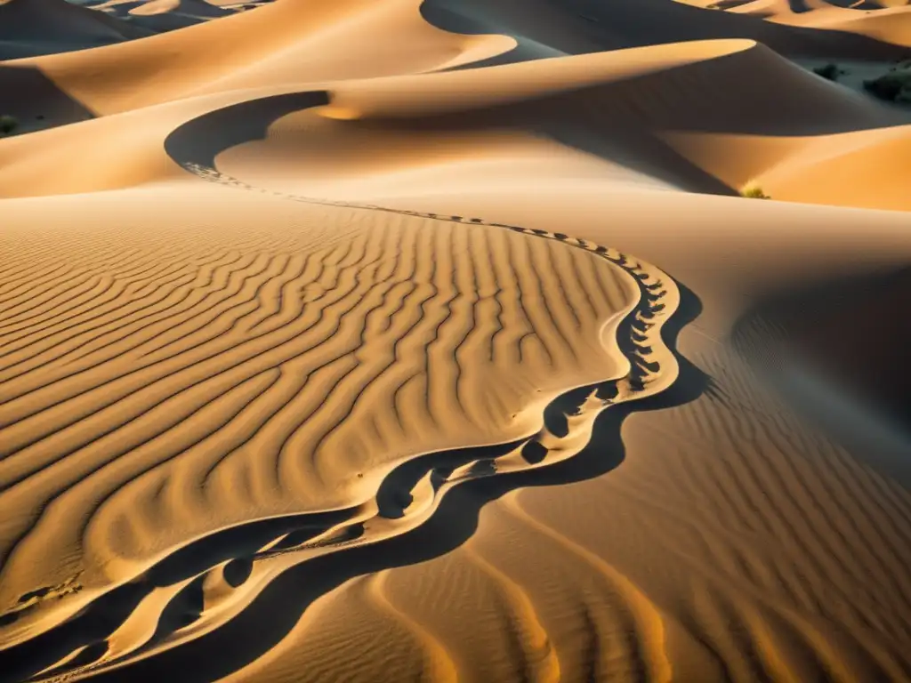 Patrones de arena creados por serpientes en el desierto, con sombras dramáticas y un tono cálido nostálgico, evocando misterio y maravilla