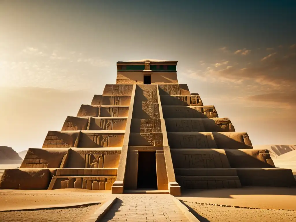 Patrones arquitectónicos de la antigua Mesopotamia: Ziggurat bien conservada con intrincados diseños geométricos y sombras dramáticas