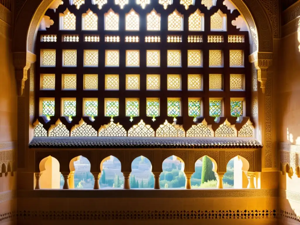 Patrones arquitectónicos de culturas del mundo: Intrincados diseños en las paredes de la Alhambra, bañados por la cálida luz del sol