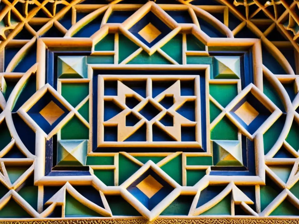 Patrones arquitectónicos Alhambra Granada: Detalle de los intrincados azulejos de la Alhambra, con colores vibrantes y exquisita artesanía