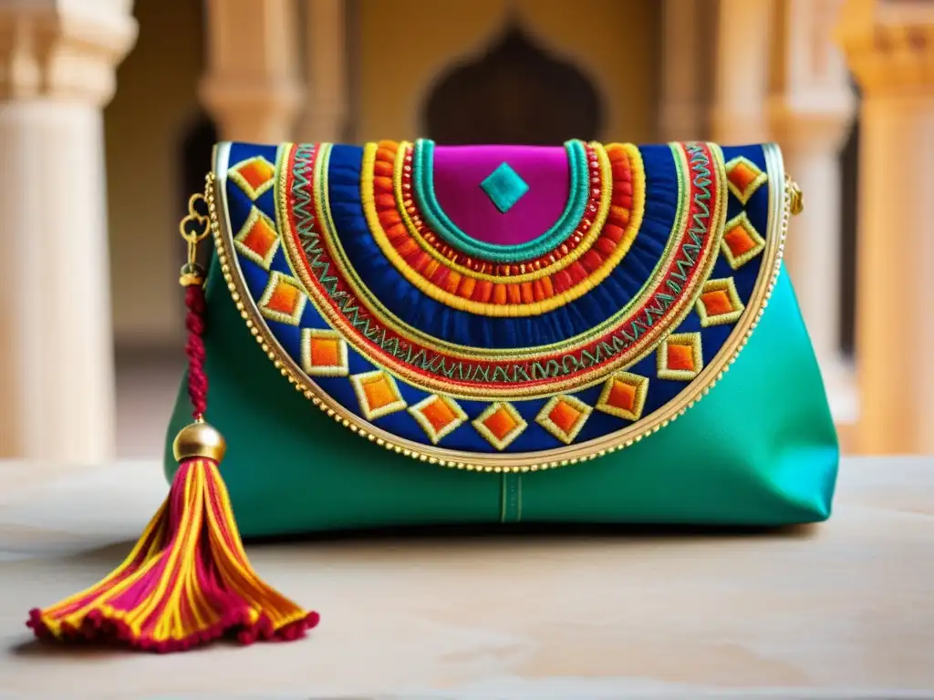 Clutch hindú artesanal: colores vibrantes y detalles arquitectónicos Clutch hindú con patrones arquitectónicos en vibrantes colores y detalles intrincados