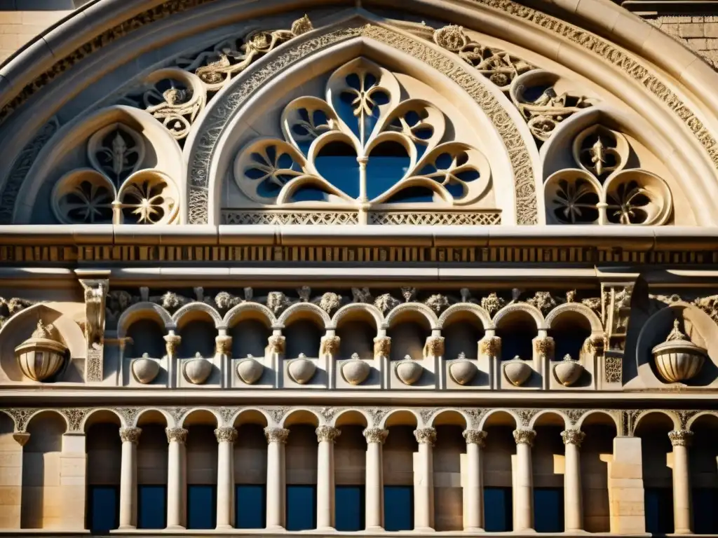 Fachada de catedral europea: detallada artesanía en piedra Patrones de arquitectura clásica renacentista tallados en piedra, con dramáticas sombras y delicados detalles artesanales