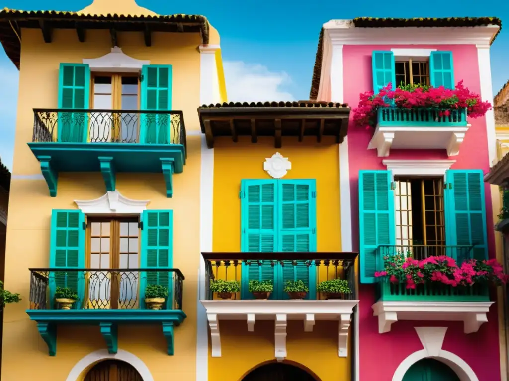 Patrones de arquitectura colonial en Cartagena: calles empedradas y coloridos edificios con balcones y bougainvillea bajo la cálida luz del sol