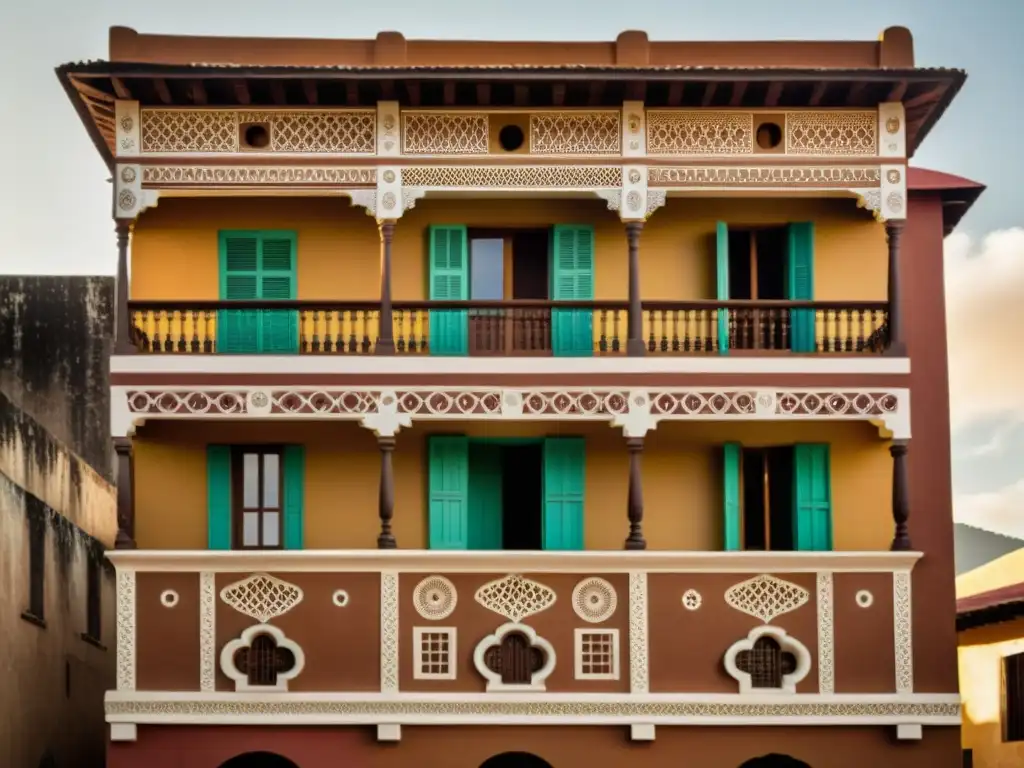 Patrones arquitectura colonial América Latina: Fotografía vintage de edificio colonial con intrincados diseños indígenas en fachada