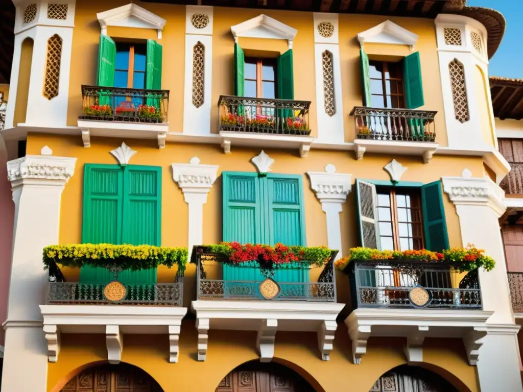 Patrones de arquitectura colonial en América Latina: detallada fachada con madera, hierro forjado y azulejos coloridos, bañada en cálida luz solar