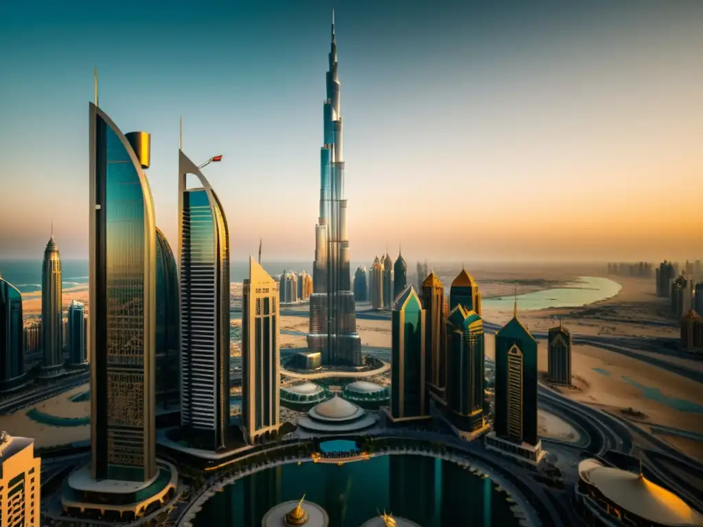 Patrones arquitectura cultura Dubai: Fotografía vintage del icónico skyline de Dubai, con sus deslumbrantes edificios y su fusión cultural