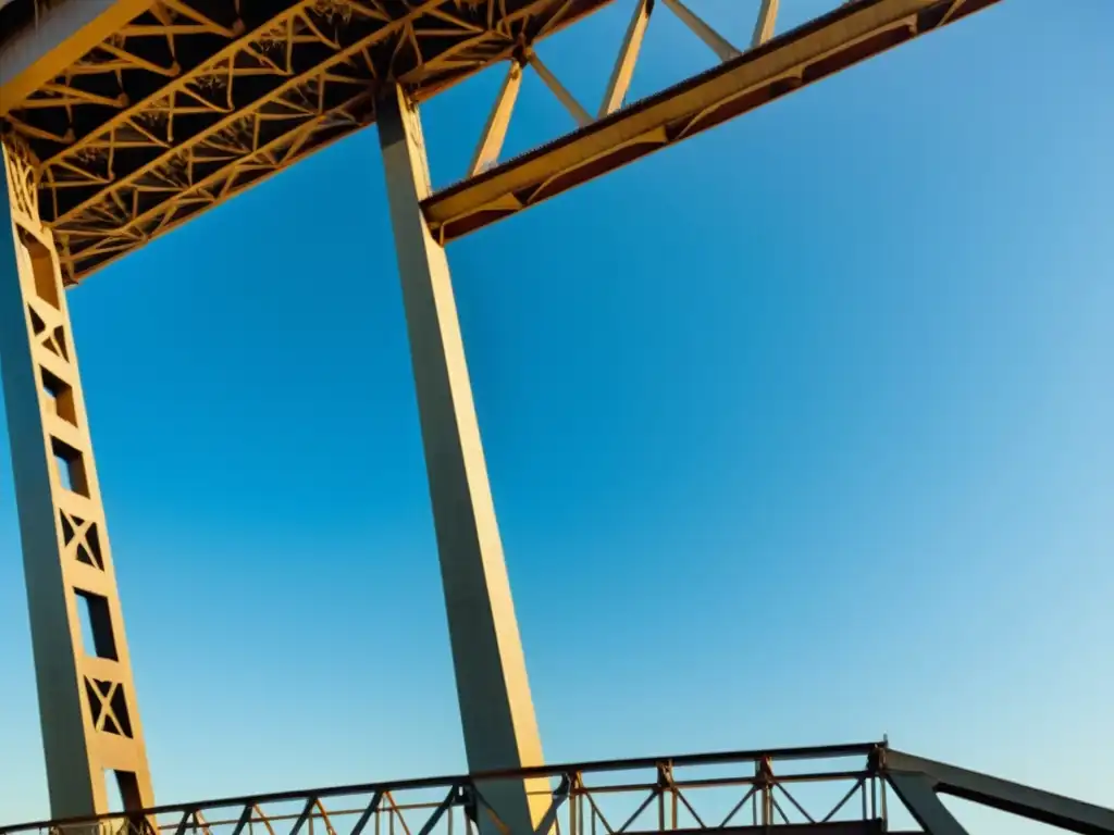 Patrones arquitectura infraestructuras modernas: Puente de acero moderno sobre un río, con detalles geométricos y legado histórico, bajo el cielo azul