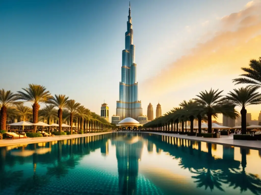 Patrones arquitectura cultura Dubai: Majestuoso Burj Khalifa reflejado en las aguas, creando un efecto de caleidoscopio con luces doradas al atardecer