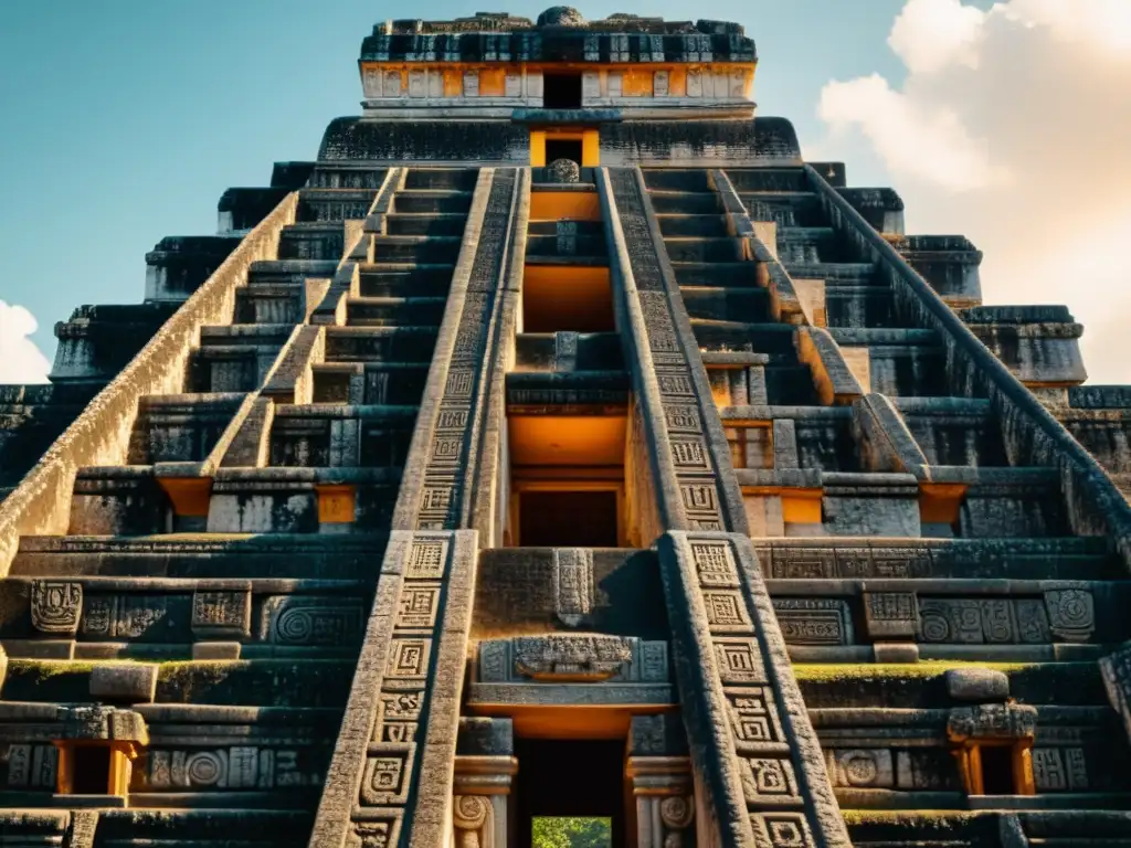 Patrones arquitectura Maya Guatemala: Detalle impresionante de un templo Maya en Yaxhá, Guatemala, con diseños geométricos y tonos cálidos vintage