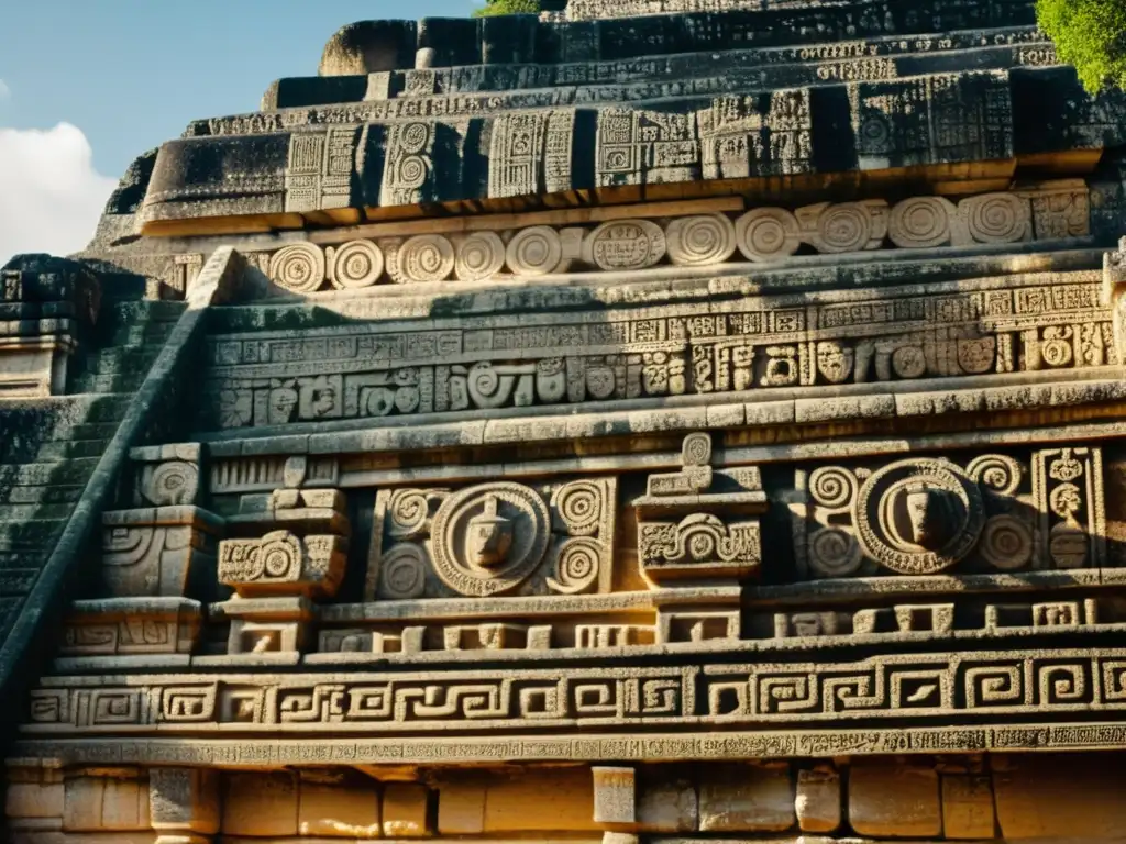 Patrones arquitectura Maya Guatemala: Fotografía de alta resolución de las intrincadas tallas de piedra y patrones geométricos en ruinas mayas