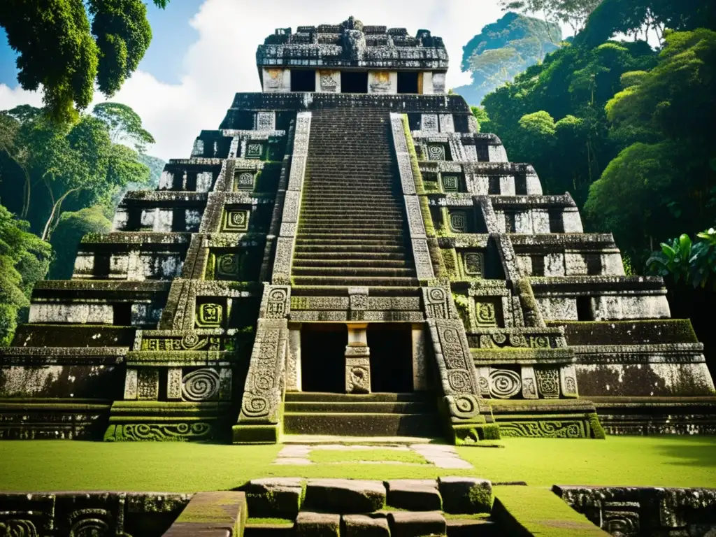 Patrones de arquitectura maya en la selva de Guatemala, piedras cubiertas de musgo iluminadas por el sol, evocando misterio y legado cultural