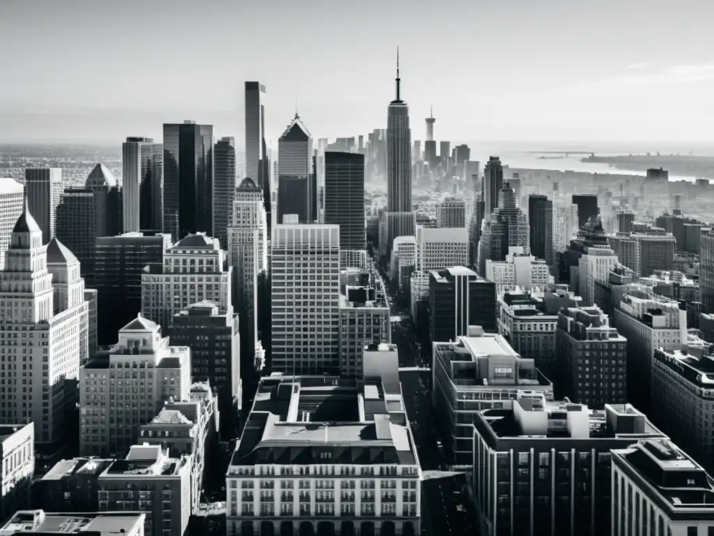 Patrones arquitectura metrópolis capturados en blanco y negro, reflejando la elegancia atemporal de la ciudad desde las alturas