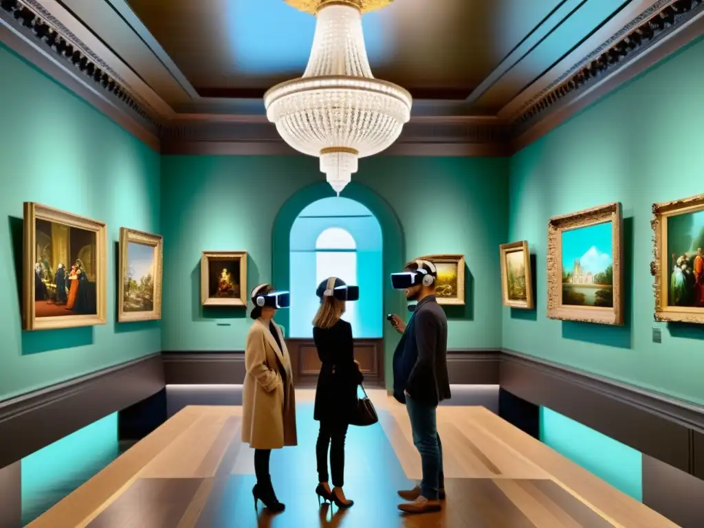 Realidad aumentada en galería de arte vintage Patrones disfrutan del arte en una galería de realidad aumentada, fusionando lo clásico con lo moderno