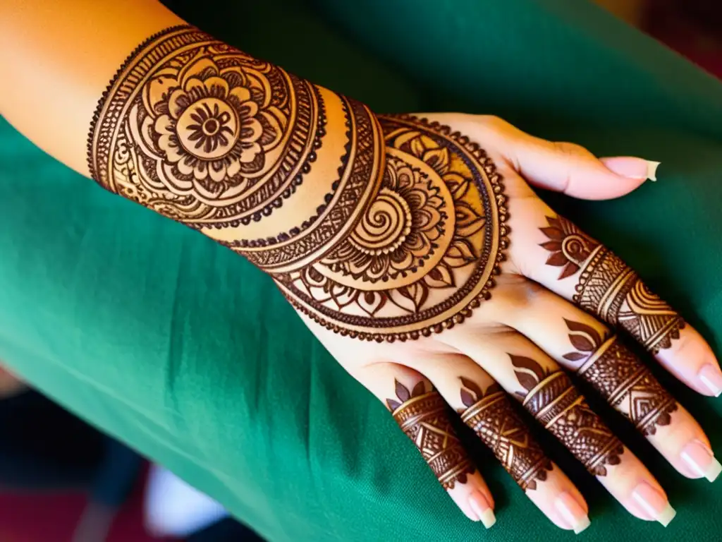 Patrones de arte de henna cultural en mano y antebrazo, diseño detallado en tonos terrosos, símbolos tradicionales y precisión artística