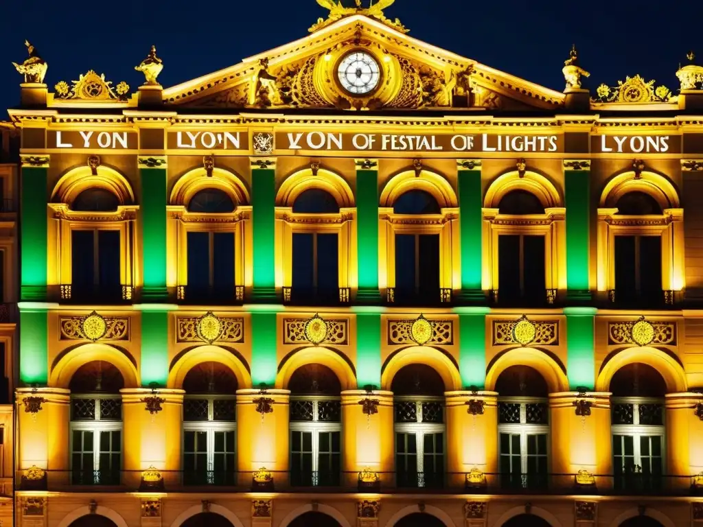 Arquitectura impresionante del Festival de las Luces de Lyon Patrones artísticos en la arquitectura de Lyon, Festival de las Luces: luces y sombras adornan fachadas ornamentadas con tonos cálidos y nostálgicos
