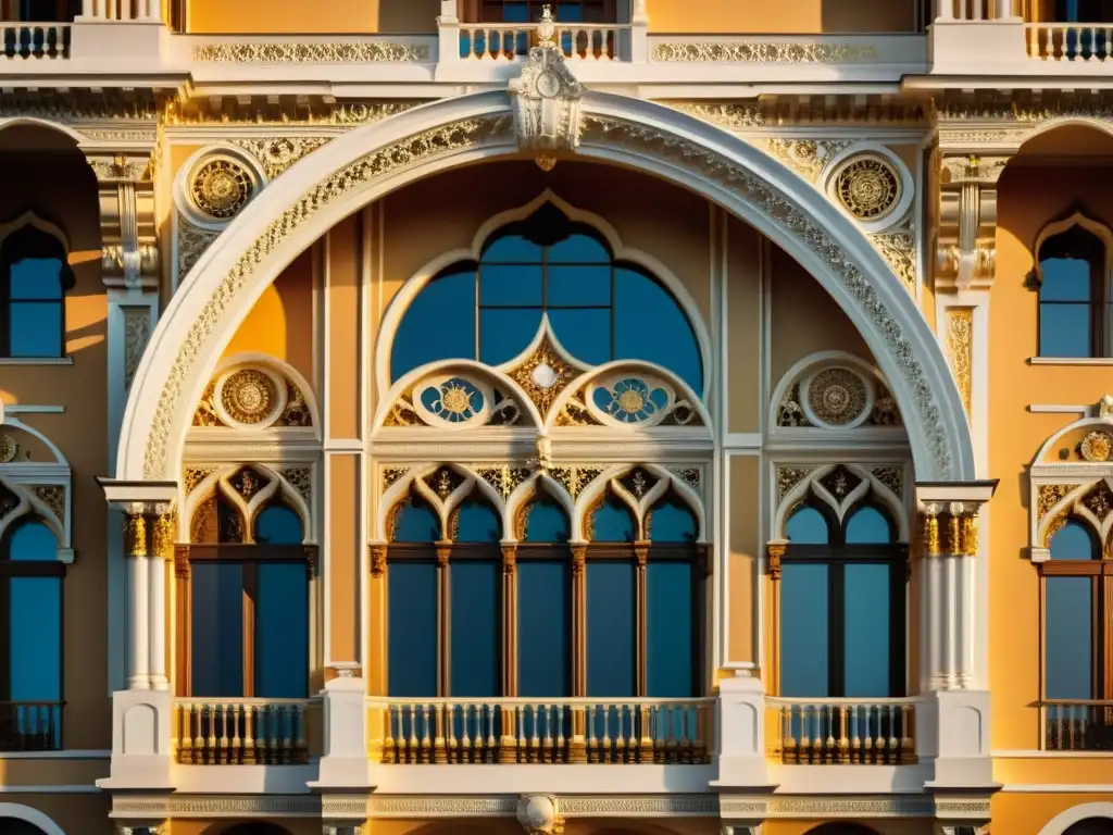 Patrones Intrincados: Belleza Iluminada en Edificio Ornamental Patrones artísticos en la arquitectura: Intrincados diseños iluminados por una cálida luz, evocando elegancia y grandiosidad