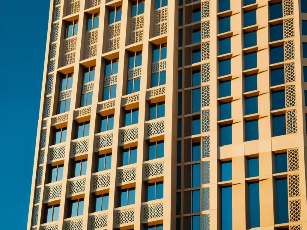 Patrones artísticos en arquitectura moderna: Fachada de edificio con diseños geométricos en tonos sepia, juego de luces y sombras, cielo azul de fondo