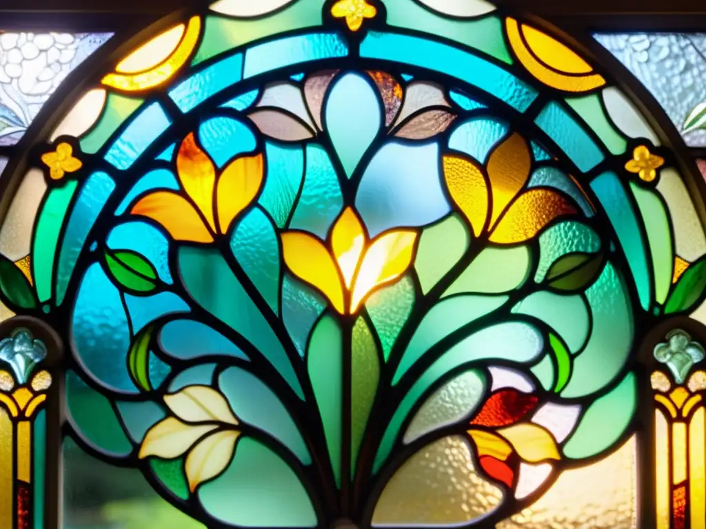 Patrones artísticos en el Art Nouveau: Detallada vidriera con motivos florales orgánicos, vintage, iluminada por el sol con bellos colores y sombras