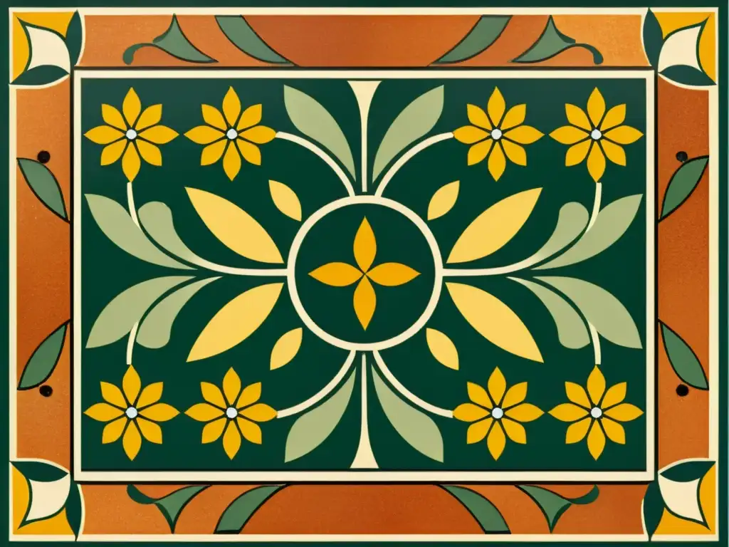 Patrones artísticos en azulejos exclusivos con diseño floral simétrico y detalles en tonos terracota, verde oliva y amarillo dorado