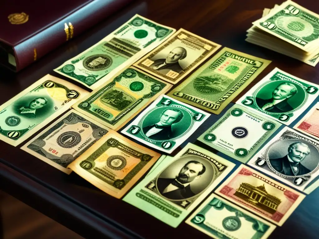 Tesoro mundial: billetes y sellos raros en mesa de caoba Patrones artísticos en billetes del mundo: Colección vintage de billetes y estampillas raros, destacando detalles en mesa de caoba iluminada