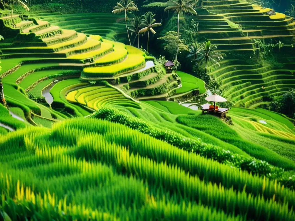 Patrones artísticos en campos de arroz de Bali, con terrazas verdes y trabajadores en trajes tradicionales, bañados por la luz dorada