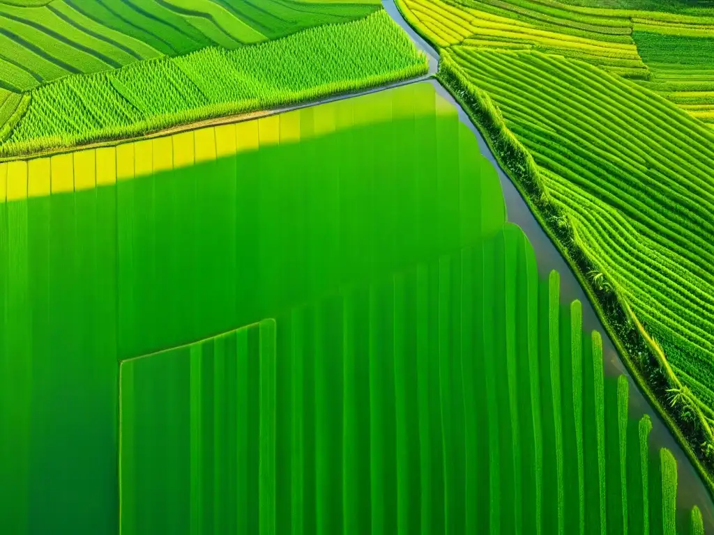 Patrones artísticos en campos de arroz en Bali: un paisaje verde exuberante con hileras doradas, bañado por la cálida luz del sol, evocando la belleza vintage de antiguas postales