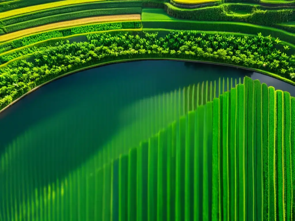 Patrones artísticos en campos de arroz: Vista aérea impresionante de terrazas de arroz en Bali, con geometría hipnotizante y colores vibrantes