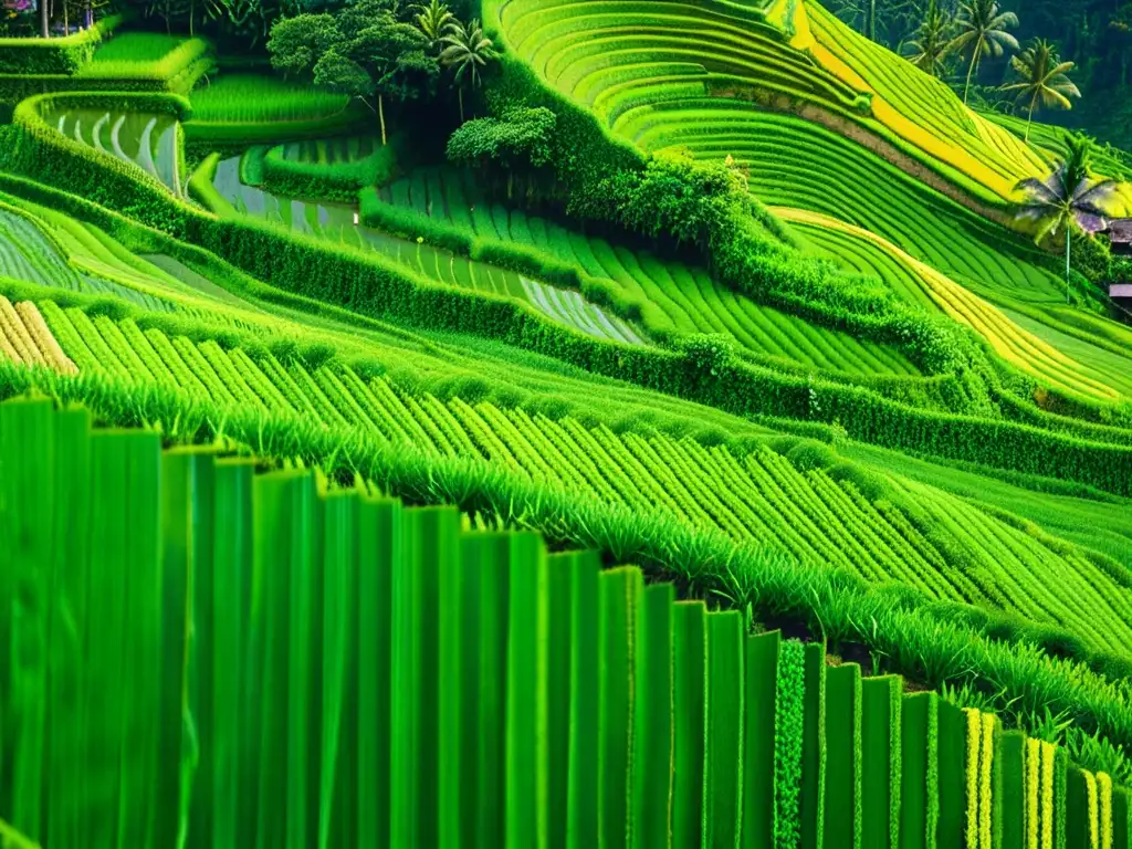 Patrones artísticos en campos de arroz de Bali, con terrazas verdes y gran detalle, evocando belleza y tranquilidad