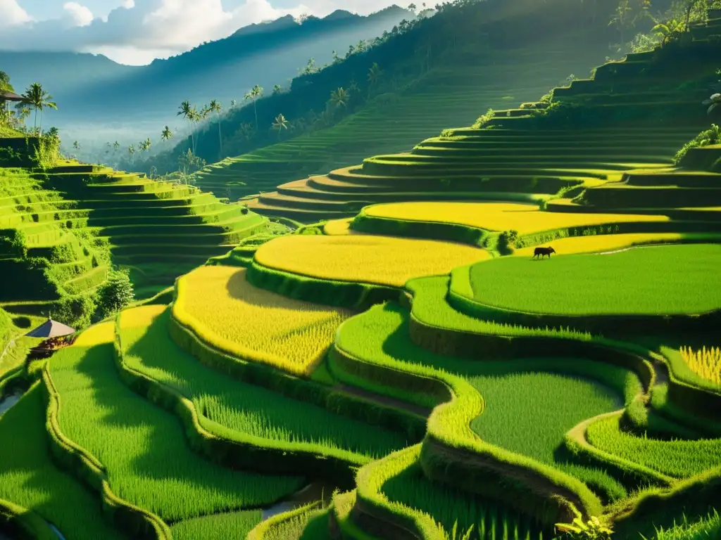 Patrones artísticos en campos de arroz de Bali, con terrazas verdes y agricultores tradicionales, bañados por la cálida luz dorada