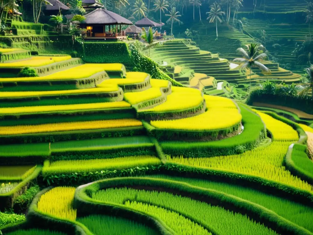 Patrones artísticos en campos de arroz de Bali, con terrazas y trabajadores, bañados por la cálida luz del sol, capturando la belleza tradicional