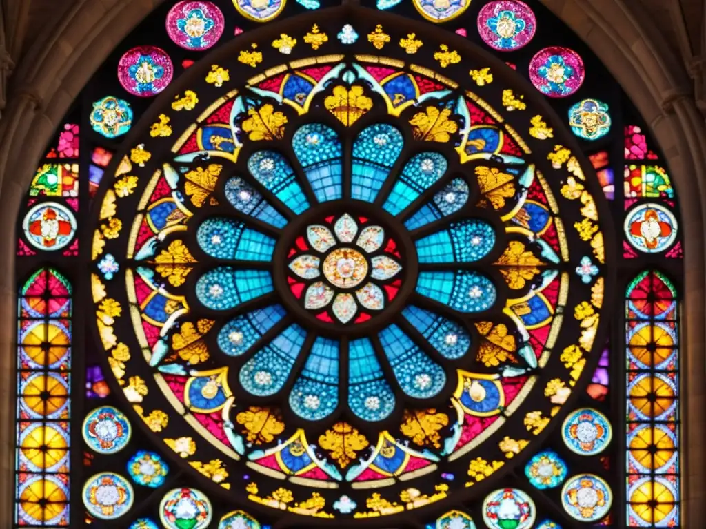 Rosetón de la Catedral Notre Dame en París, reflejando patrones artísticos y colores vibrantes en el vitral gótico