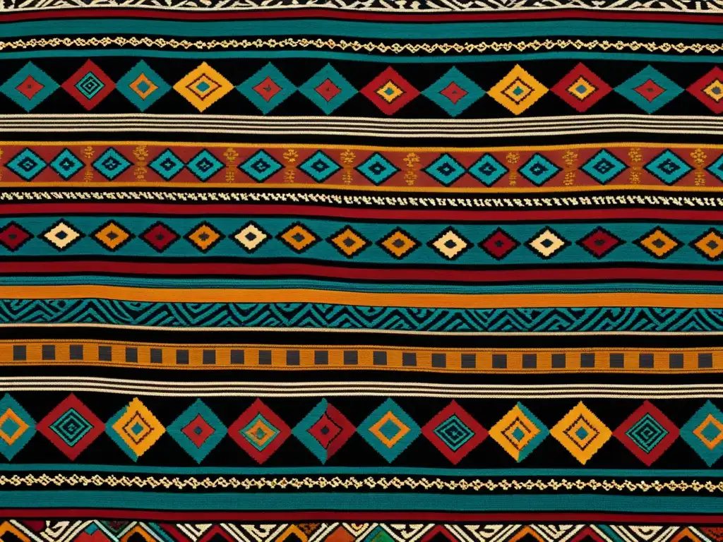 Patrones artísticos de culturas ancestrales: Detalle de un textil tradicional con intrincados diseños geométricos en tonos tierra, evocando la riqueza cultural y maestría artística de antiguas tradiciones