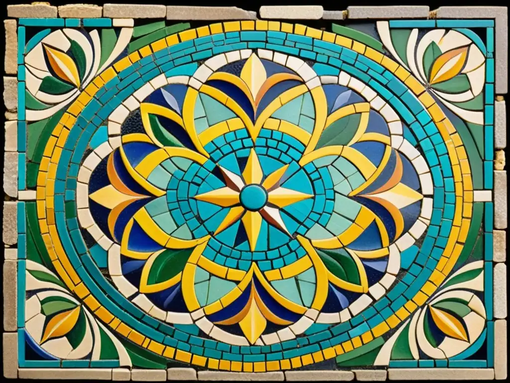 Patrones artísticos de culturas antiguas: Mosaico vintage de colores vibrantes sobre piedra envejecida, evocando la belleza y herencia atemporal