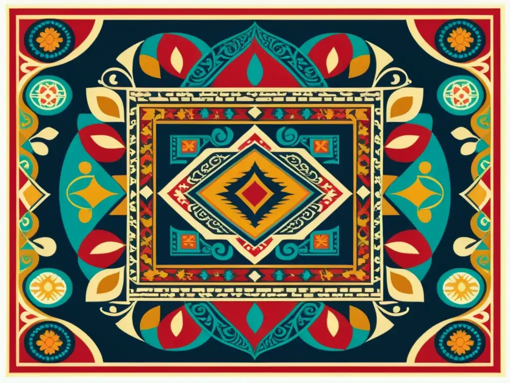 Patrones culturales entrelazados: ilustración vintage en colores vibrantes Una ilustración vintage de patrones artísticos de diferentes culturas, con diseños ornamentados en colores vibrantes