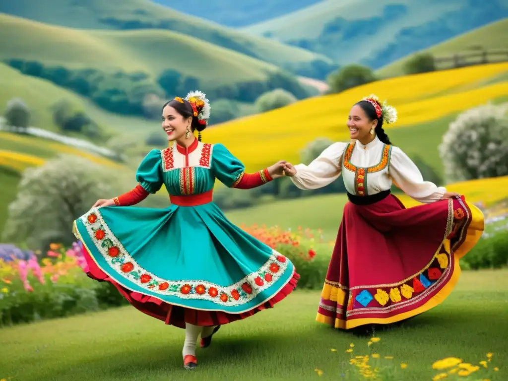 Patrones artísticos culturas del mundo: Ilustración vibrante de danza folclórica tradicional en colinas verdes salpicadas de flores silvestres