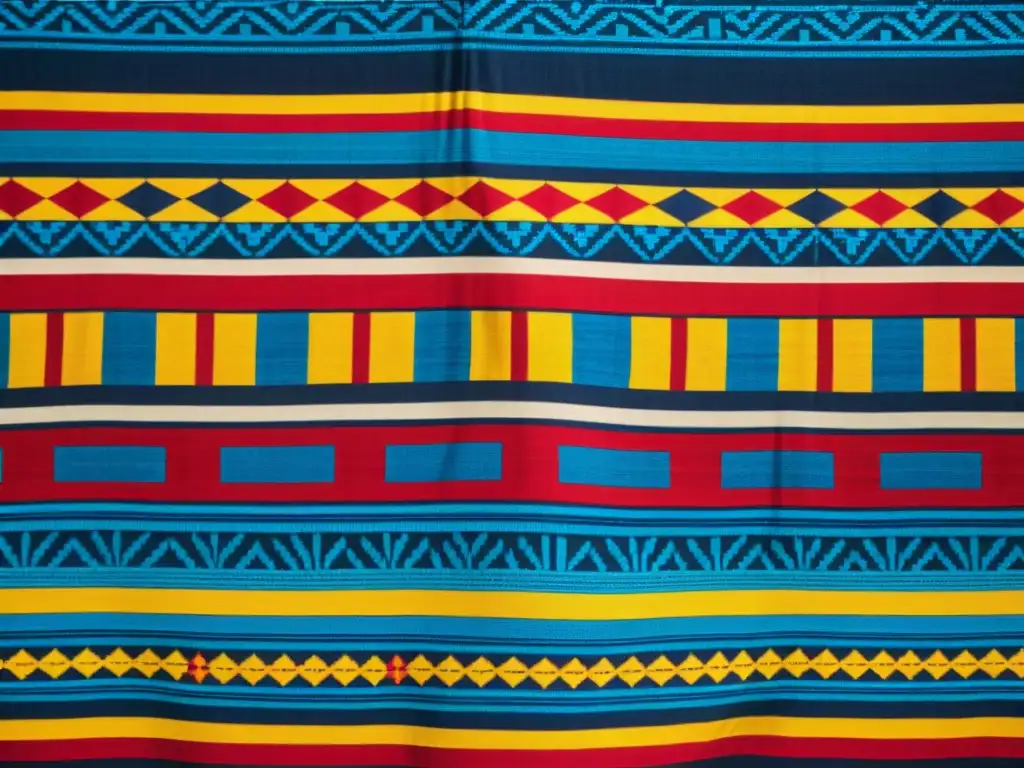 Patrones artísticos de culturas en realidad aumentada: Detalle de un textil maya con vibrantes colores y complejos diseños geométricos