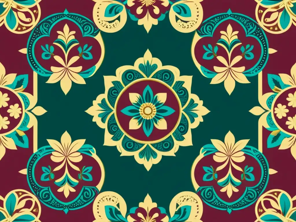 Patrones artísticos digitales de elegancia vintage en ricos colores burgundy, teal y oro, evocando un aire de sofisticación y artesanía