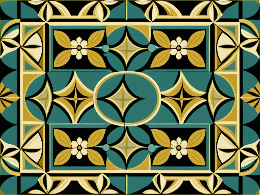 Patrones artísticos en diseño de marcas: mosaico vintage con motivos florales y geométricos en tonos suaves y detalles dorados