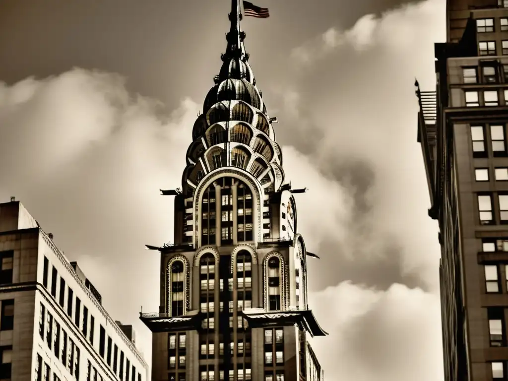 Patrones artísticos en el diseño urbano: Fotografía vintage del icónico Chrysler Building en Nueva York, resaltando sus detalles art déco