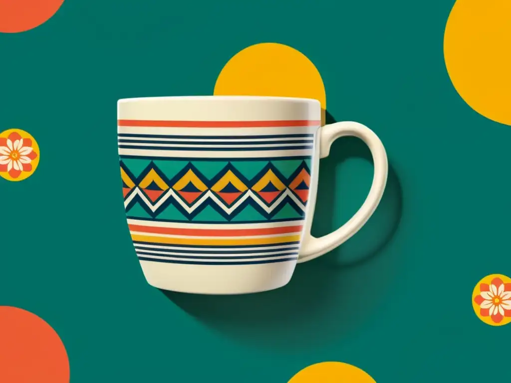 Adaptación de patrones artísticos en merchandising: Ilustración vintage con diseños coloridos en tazas, bolsos y camisetas, sobre papel texturizado