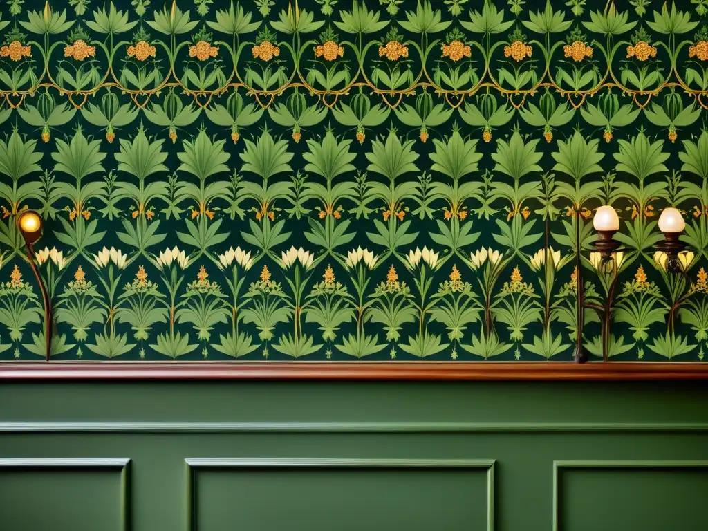 Patrones artísticos William Morris adornando una elegante galería con muebles antiguos y luz tenue, evocando belleza y sofisticación atemporal